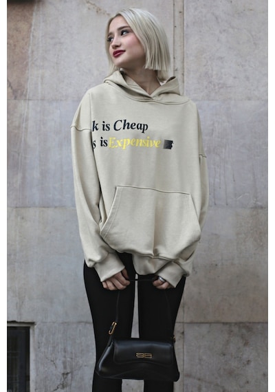 Madmext Bej Baskılı Oversize Kapüşonlu Sweatshirt Mg1573