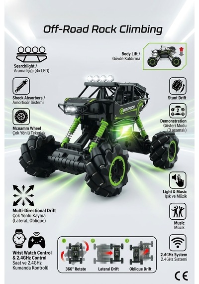 37 cm Dev Boy 4x4 Off Road Arazi Arabası Şarjlı Uzaktan ve Bilekten Kumandalı 360° Işıklı Müzikli
