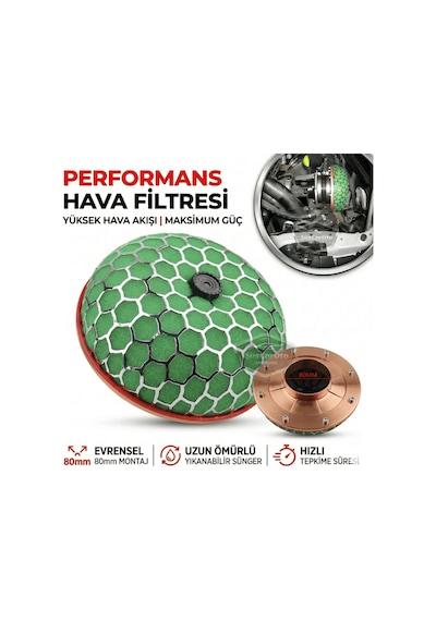 Hks Universal Performans Ve Ses Arttırıcı Aparatlı Açık Hava Filtresi +6 Hp Yeşil Mantar Tip 80 Mm