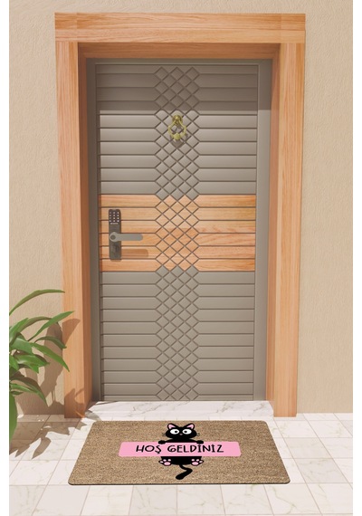 Rugmood Modern Dijtal Baskı Pembe, Siyah Hoşgeldiniz Kedi Kapı Önü Paspası Çok Renkli