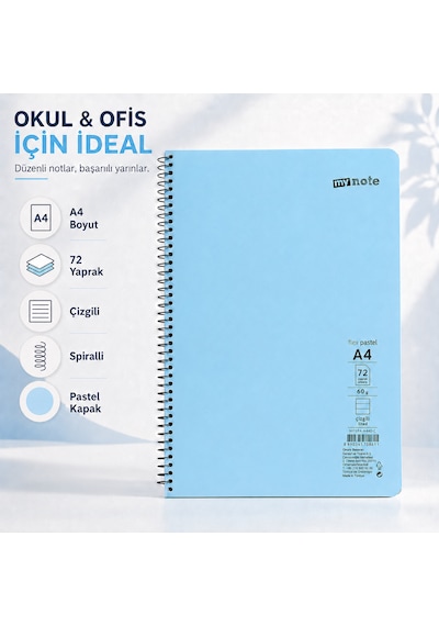 Mynote Flex Pastel A4 72 Yaprak 60 Gr Spiralli Çizgili Defter Mavi