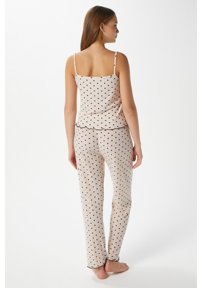Ritnice Kadın June Askılı Kalp Desen Pudra Alt Üst Pijama Takımı Pudra