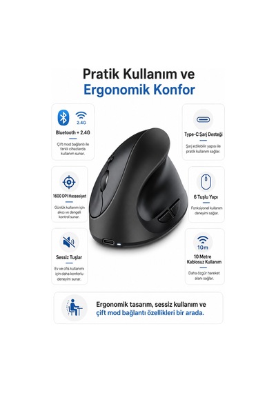 Type-c Şarjlı Dikey Ergonomik Kablosuz Mouse Bluetooth Siyah Sağ El Kullanımına Uygundur Çok Renkli Diğer Type-c Şarjlı Dikey Ergonomik Kablosuz Mouse Bluetooth Siyah Sağ El Kullanımına Uygundur Çok Renkli Diğer