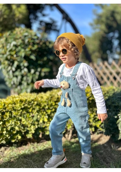 Jolly Kids Erkek Çocuk 2-10 Yaş Mavi Peluş Ayıcıklı Kot Salopet Mavi