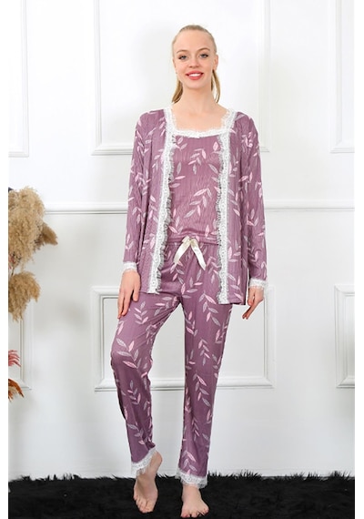 İbrahim Burak Etiler Collection Moda Çizgi Kadın 3'lü Lila Sabahlık Pijama Takım 16103