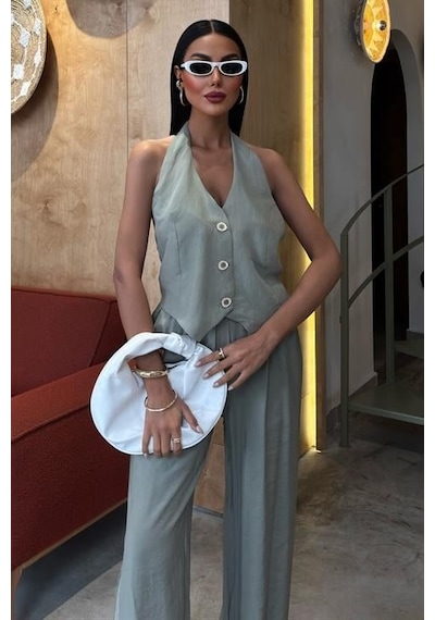 Moderie Butik Halter Yaka Yelekli Modal Takım 10144 Oli Ve