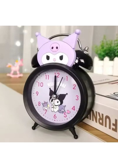Kuromi Tasarımlı Metal Masa Saati - Işıklı Çift Zilli Nostaljik Alarm Saat Mor Siyah