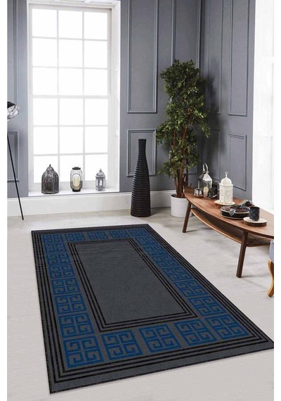 Lacivert Çerçeveli Kaymaz Tabanlı Dekoratif Halı Rv035n11