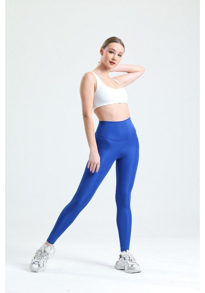 Thiff Gymwear Caramel Yüksek Bel Toparlayıcı Dalgıç Kumaş Spor Günlük Tayt Saks Mavi