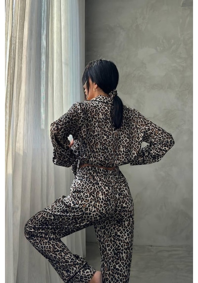 Yeşil Leopar Dijital Baskılı Uzun Saten Pijama L Yeşil - Gri