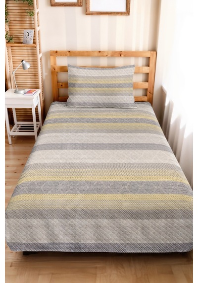 Gri Çizgili Geometrik Tek Kişilik Pike Takımı - Modern Sarı Bej 160x220 Cm Kapitone Yatak Örtüsü Mercansı Kakao Dengesi