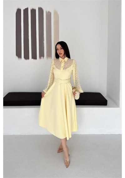 Neşeli Butik Kadın Sarı Gömlek Yaka Transparan Üst Detaylı Kemerli Midi Boy Elbise Nbk4581