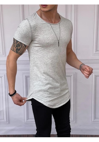 Modefendi Slim Fit Oval Kesim Pamuk Basic Tshırt Gri