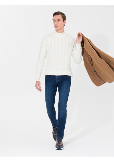 Cacharel Ekru Slim Fit Çeyrek Balıkçı Yaka Triko Kazak Bej