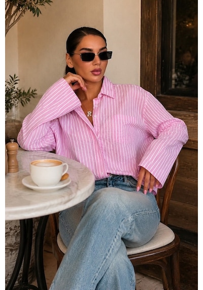 Madmext Pembe Çizgili Sendy Kumaş Kadın Gömlek Mg2834