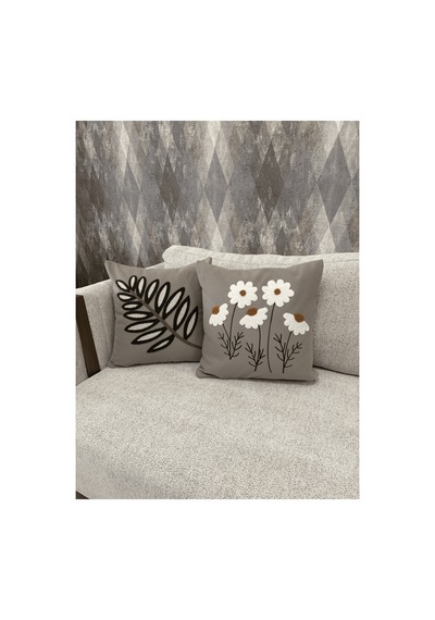 2 Li Dekoratif Kırlent Kılıfı Yaprak & Papatya Desenli Modern Bohem Salon Bej Bej