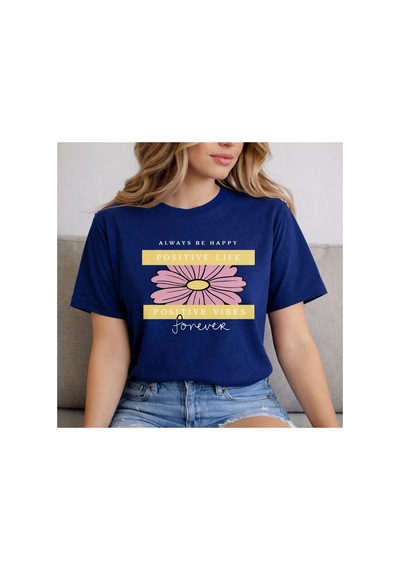 Herkesemoda Always Be Happy Baskı Detaylı Basic T-shirt Lacivert