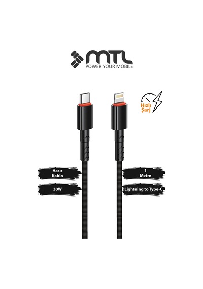 30w Pd Type-c To Lightning Örgülü Hızlı Şarj Ve Data Kablosu 1 Metre Siyah Mt2118