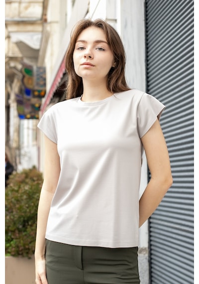 Kadın İpeksi Kumaş Geniş Sıfır Yaka Kısa Kol Tshirt Bluz-taş Taş