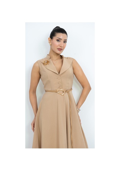 Dorne Moda Çiçek Aksesuarlı Kruvaze Yaka Kemerli Midi Elbise - Düğün - Mezuniyet - Ofis Şıklığı Bej Bej Dorne Moda Çiçek Aksesuarlı Kruvaze Yaka Kemerli Midi Elbise - Düğün - Mezuniyet - Ofis Şıklığı Bej Bej