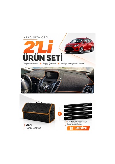 Ford C-max 2010-2014 Double Ekran Uyumlu Torpido Örtüsü + Deri Çanta Seti - Siyah Kahverengi