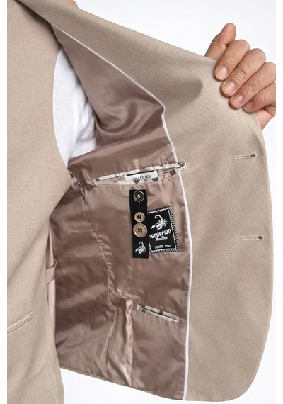 Erkek Slim Fit Takım Elbise Yelekli Modern Kesim Likralı Esnek Kumaş Kırışmaz Şık Düğün Davet Takımı Bej