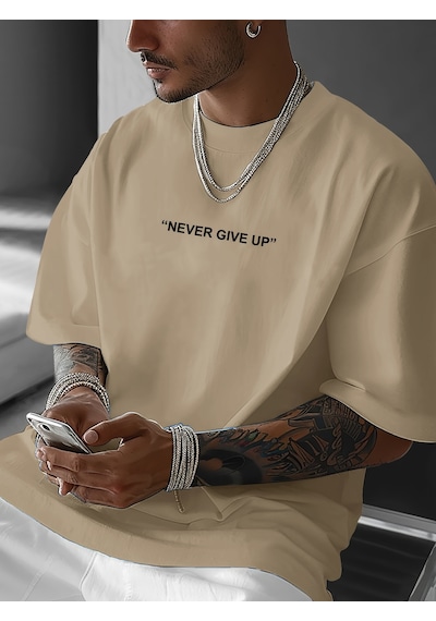 Unisex Asla Pes Etme Baskılı Tasarım Tshirt Bej