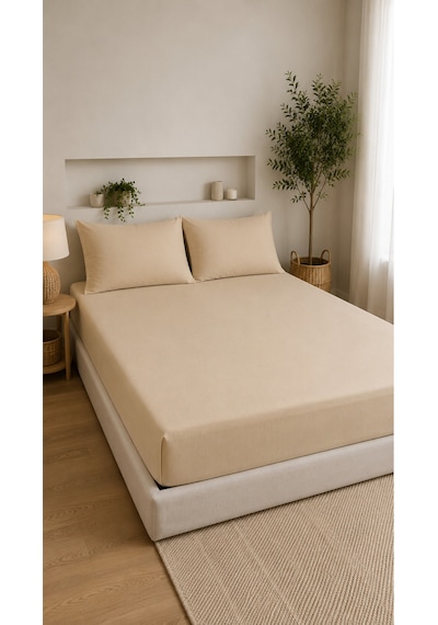 Çift Kişilik Lastikli Çarşaf Takımı 2 Adet Yastık Kılıflı 50x70 160x200+30 %100 Pamuk Bej