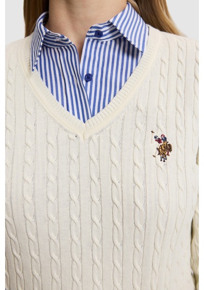 U.S. Polo Assn. Kadın Krem Melanj V Yaka Basic Kazak 50327575-vr159