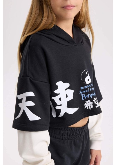 DeFacto Kız Çocuk 2'li Takım Bisiklet Yaka Baskılı Sweatshirt Beli Lastikli Jogger Eşofman Altı D4066A824WNBK26 Siyah