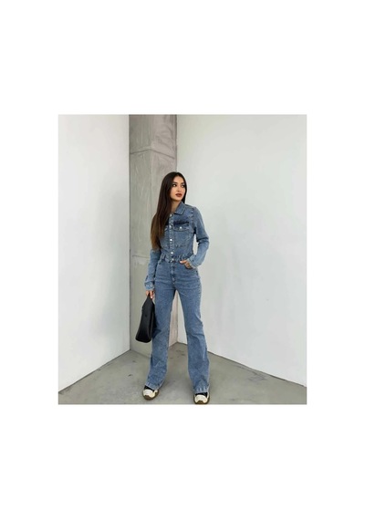 Kene Jeans Uzun Ceketli Taş Yıkama İspanyol Paça/flare Esnek Denim Tulum Taş
