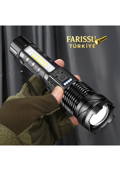 2500 Lümen Şarjlı Taktik Led El Feneri 7 Modlu, Zoom Özellikli, Cob Yan Işıklı + Özel Kılıf Hediyeli Siyah