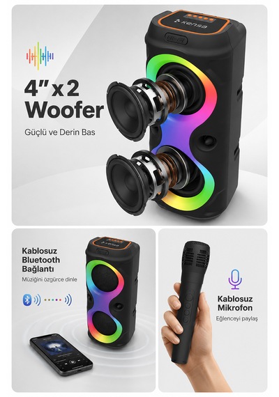 Taşınabilir Mikrofonlu 20w Led Işıklı Bluetooth Karaoke Hoparlör Seti