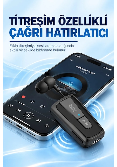 Exenar - Siyah - Makaralı Bluetooth Kulaklık Titreşimli Yaka Klipsli Tekli Şoför Kulaklığı Çift Telefon Bağlantılı
