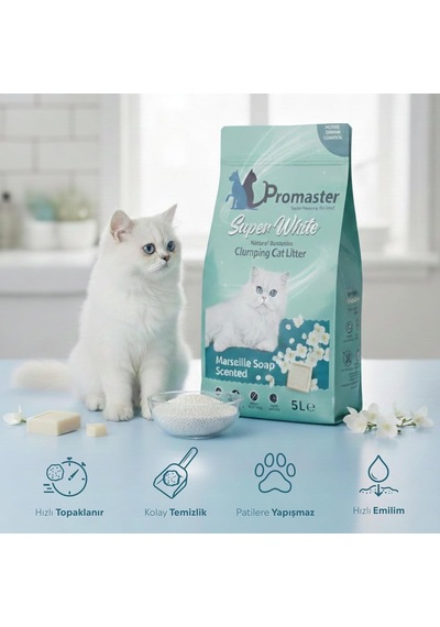 Süper Beyaz Doğal Bentonit Topaklanan Kedi Kumu Marsilya Sabunu Kokulu 5 Lt