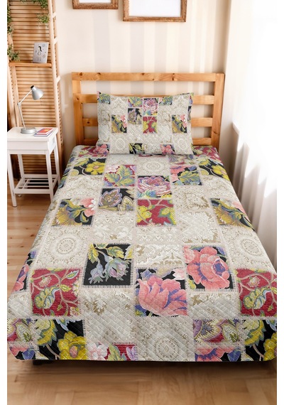 Çiçekli Patchwork Bej Tek Kişilik Pike Takımı - Vintage Krem Pembe 160x220 Cm Mevsimlik Yatak Örtüsü Kırsal İpek Dengesi