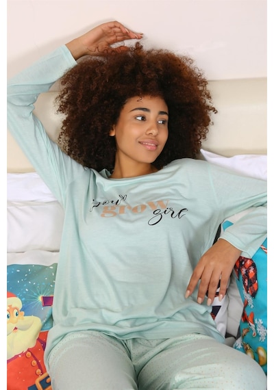 Akbeniz Kadın Penye Uzun Kol Pijama Takım 4188 - L Su Yeşili