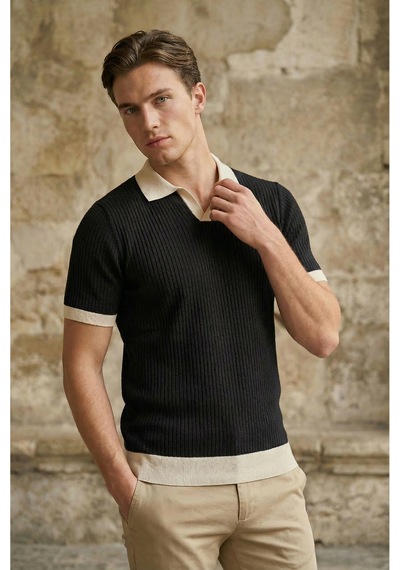 Sayzen Your Shine Sayzen Polo Yaka Çizgili T-shirt Mansum2601 Siyah