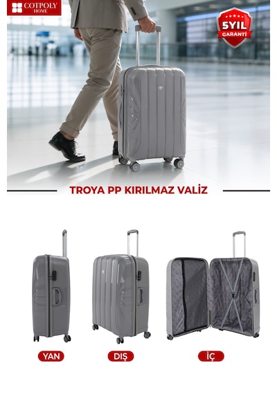 Cotpoly Home Troya Pp Polipropilen Kırılmaz Orta Boy Valiz 360 Döner Sessiz Tekerlekli Gri