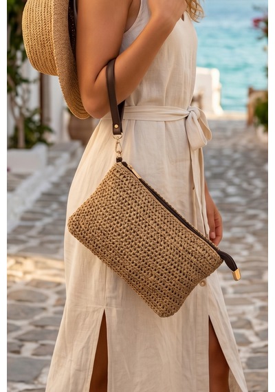 Vivazzaluxe Doğal Hasır Örme Orta Boy Kadın Yazlık Portföy Clutch Çanta Bej