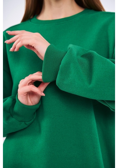 Mmetalic Yeşil Kadın Pamuklu Oversize Basic Bisiklet Yaka Sweatshirt 001