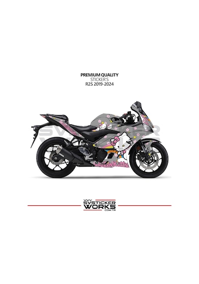 Yamaha R25 Hello Kitty Kaplama Sticker Motor Kaplama Modeli Hazır Kit 2019 / 2024 Uyumlu Gri