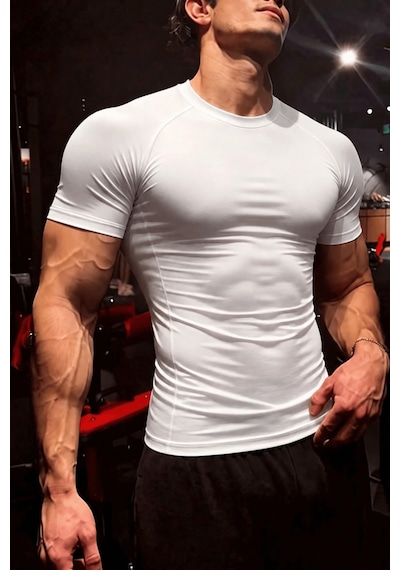 Genius Store Erkek Dalgıç Kumaş Compression Spor Tişört Muscle Body Fit Gym Antrenman T-shirt Compression-t-shirt Beyaz