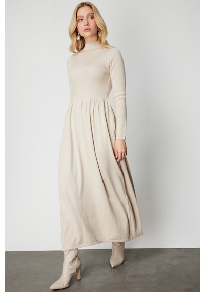 On Kadın Beli Lastikli Maxi Boy Triko Elbise 65495 Bej Bej