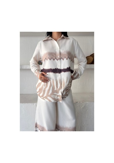 Wellway İthal Chokella Kumaş Çiçekli Tunik Gömlek & Pantolon 2li Takım-bej -26107 Bej