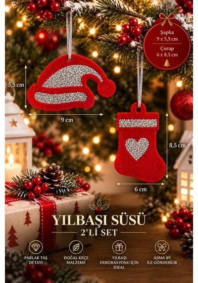 Taşlı Keçe Yılbaşı Süsü 2 Li Set Çift Taraflı Işıltılı Dekor 4 Renk Seçenekli Kırmızı