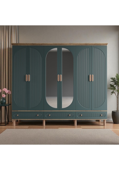 Comiet Sally 6 Kapaklı Aynalı Çekmeceli Mdf Gardırop Yeşil