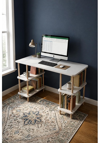Kitaplıklı Bilgisayar Masası Raflı Geniş Çalışma Masası Modern Dekoratif Ofis Mobilyası Beyaz Kitaplıklı Bilgisayar Masası Raflı Geniş Çalışma Masası Modern Dekoratif Ofis Mobilyası Beyaz