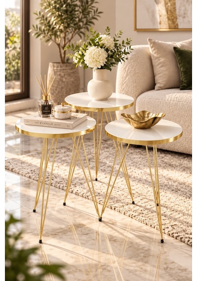 Odera Gold Beyaz Yuvarlak Zigon Sehpa 3'lü Set Gold Tel Metal Ayaklı Retro Salon Sehpası Diğer