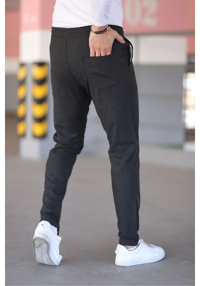 Bürke Erkek Antrasit Renk Beli Lastikli Bağcıklı Esnek Fitted Jogger Pantolon Kumaş Pantolon